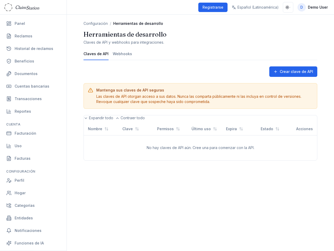 ClaimStation Settings Dev Tools API Keys